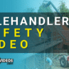 Promotional image for a 'Telehandler Safety Video.' The background features a red telehandler lifting materials near a building under construction, with scaffolding and a worker visible. The text overlay reads 'Telehandler Safety Video' in large white and yellow letters. The logo for SafetyVideos.com is displayed in the bottom left corner.
