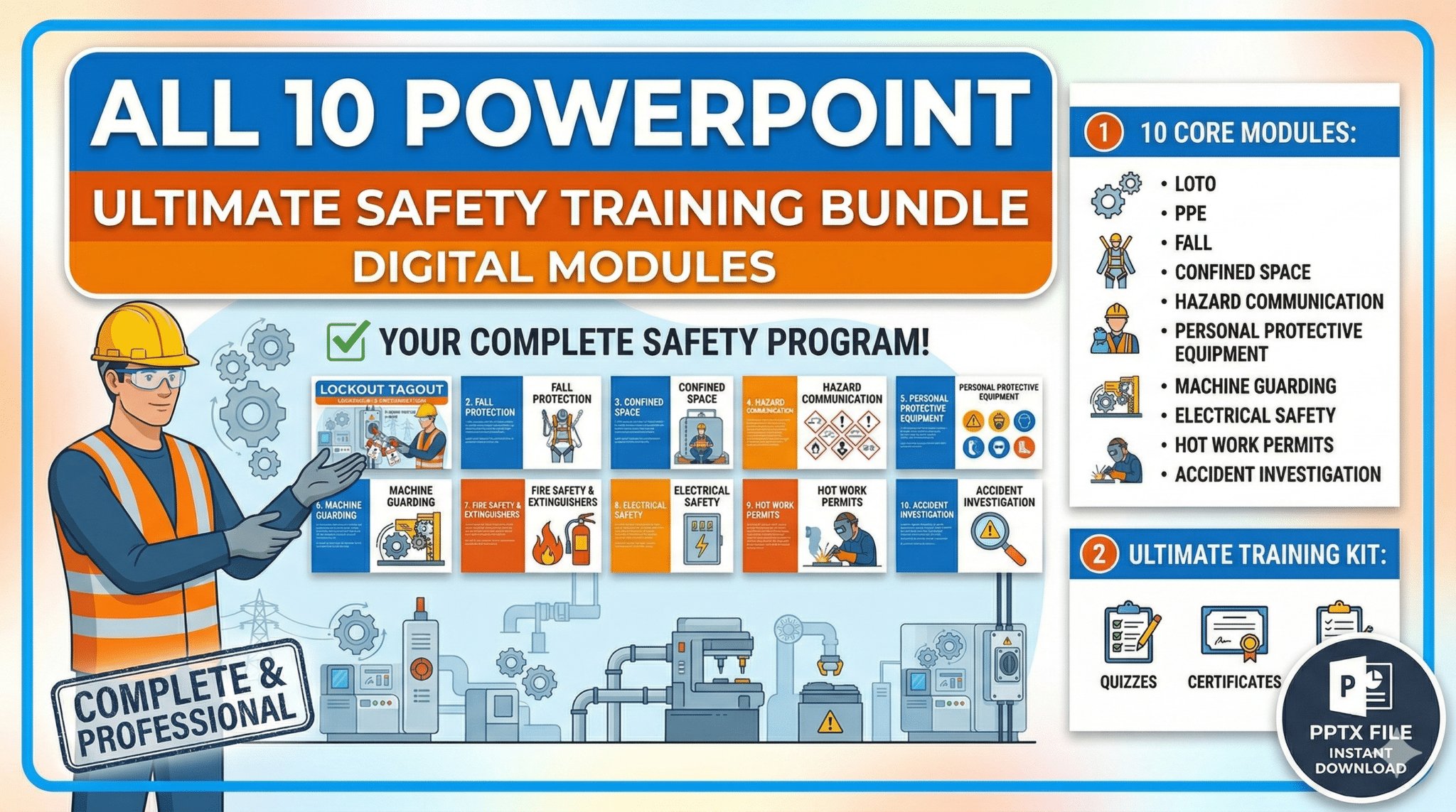 All 10 PowerPoint Presentations — Ultimate Safety Training Bundle Digital Modules. A complete and professional workplace safety program featuring 10 core training modules: Lockout/Tagout (LOTO), PPE, Fall Protection, Confined Space, Hazard Communication, Personal Protective Equipment, Machine Guarding, Electrical Safety, Hot Work Permits, and Accident Investigation. Bundle includes quizzes and certificates. Available as an instant download PPTX file.