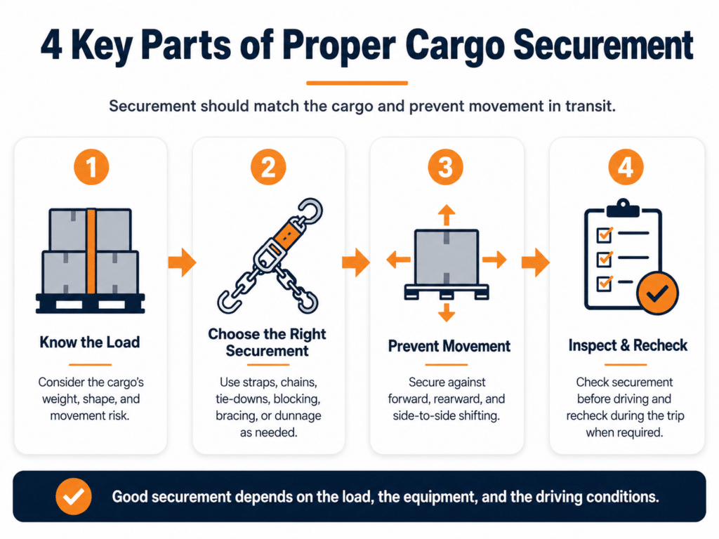 Infographic outlining four key parts of proper cargo securement: knowing the load, choosing the right securement equipment, preventing movement, and inspecting and rechecking the load.