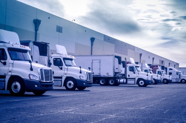 A line of white semi trucks parked in front of a warehouse.