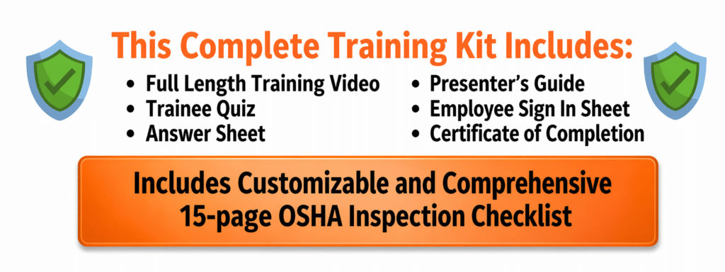 Workplace safety audits training kit contents graphic listing: Full Length Training Video, Trainee Quiz, Answer Sheet, Presenter's Guide, Employee Sign In Sheet, Certificate of Completion, and a customizable 15-page OSHA Inspection Checklist.
