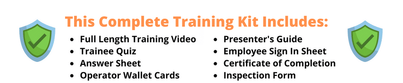 Includes Inspection form, wallet cards, certificate of completion, trainee quiz, answer sheet, and Presenter's Guide plus full training video