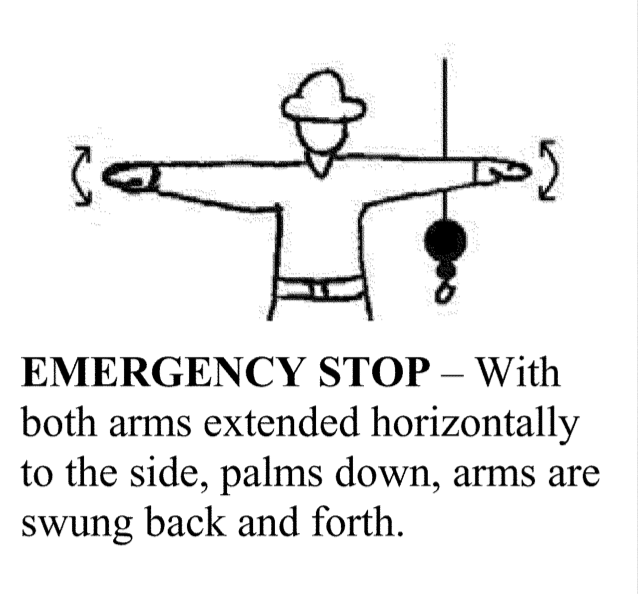 crane hand signal that indicates an emergency stop should happen