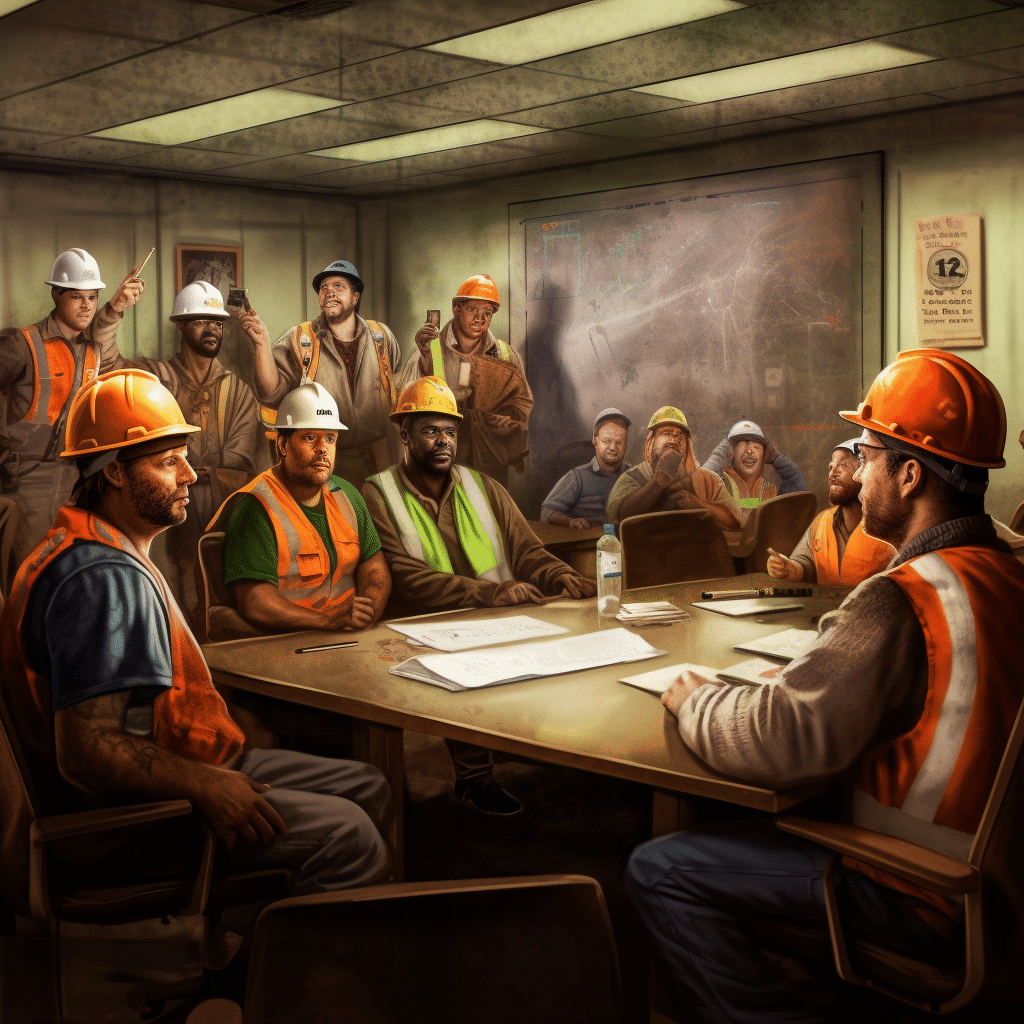 "Illustration of a diverse group of workers in a safety meeting. They are wearing hard hats and high-visibility vests, seated around a table with one individual presenting. The room has a gritty, industrial feel, with a chalkboard and safety notices in the background.