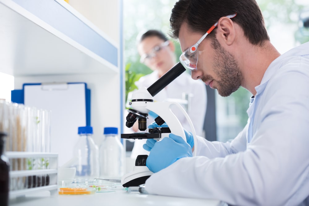 Lab Worker Using a Microscope