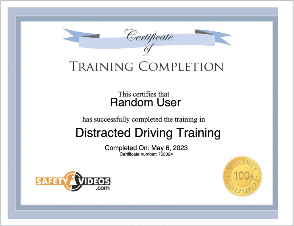 A certificate for distracted driving training.