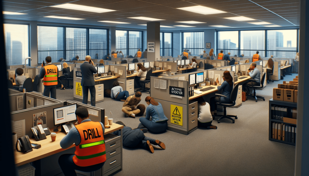 A group of people in an office going through an active shooter emergency drill