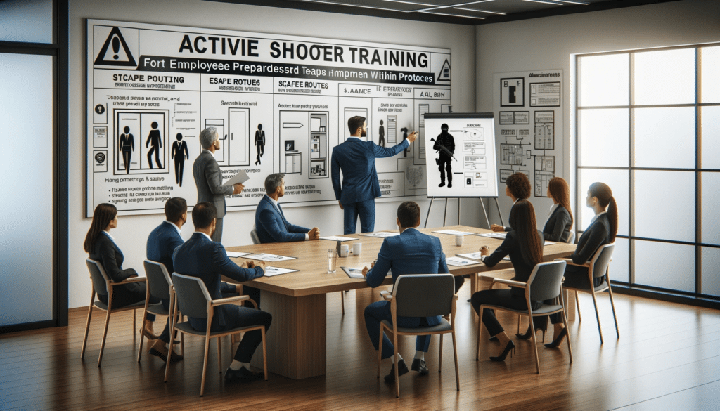 A group of people sitting around a table with an active shooter training poster.
