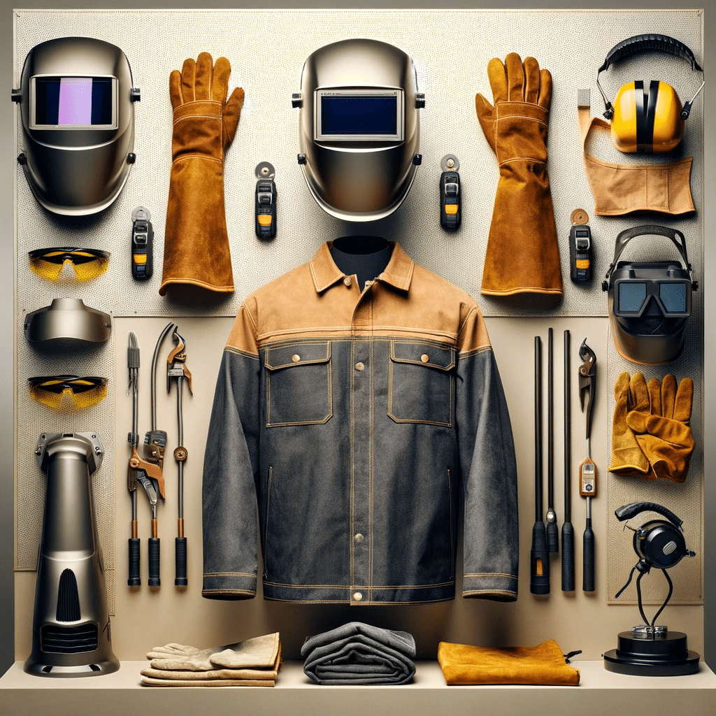 A collection of welding equipment on a shelf.