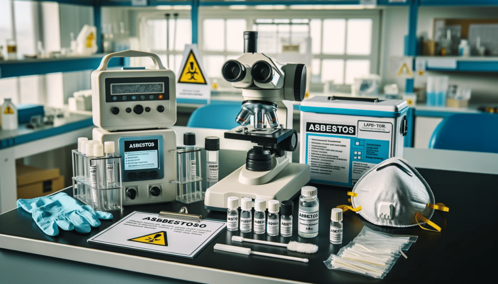 A laboratory with a microscope and safety equipment used in tessting for asbestos