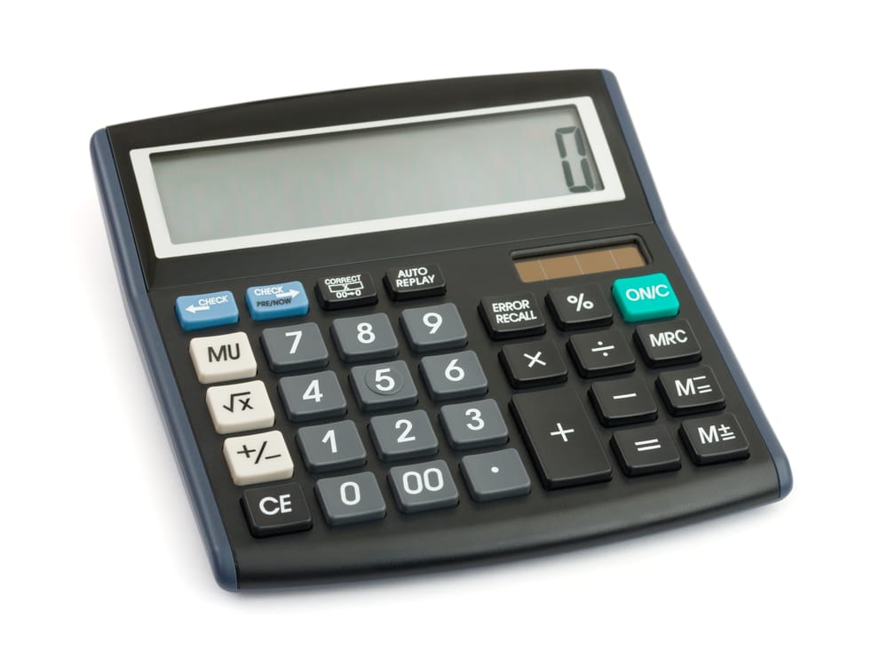 A calculator on a white background that is used to calculate a company's TRIR or Total Recordable Incidence Rate for OSHA