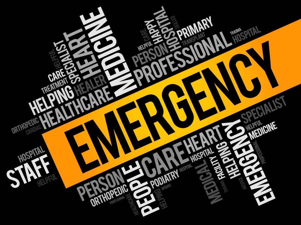 An emergency word cloud on a black background.