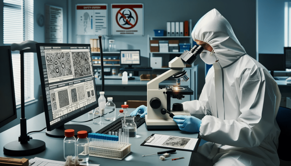 A man in a white lab coat is looking at a microscope for indications of asbestos