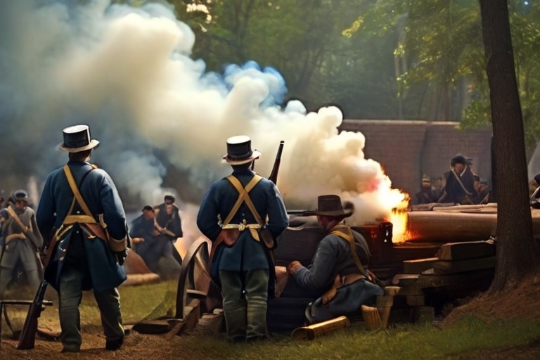 A group of Civil War soldiers in military uniforms are firing a loud cannon