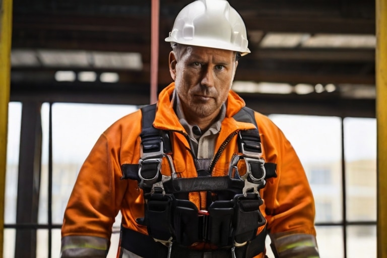 A man in a hard hat standing in a factory geared up with a safety harness before climbing a structure for work