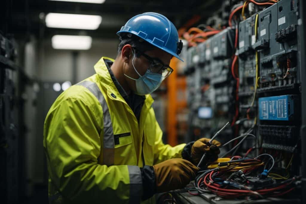 A worker wearing a face mask is working on electrical equipment in a factory.