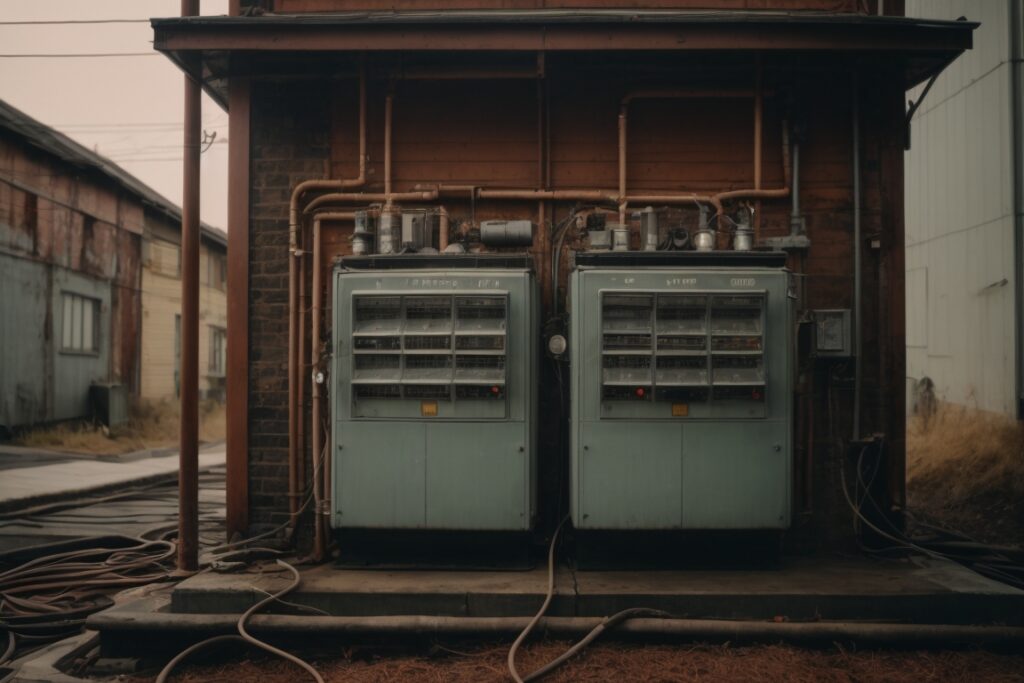 Two old electrical boxes in front of a building.