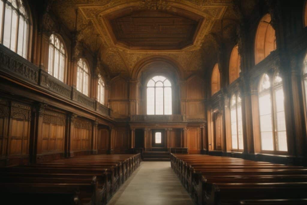 An empty church with wooden pews being prepared for an electrical upgrade.