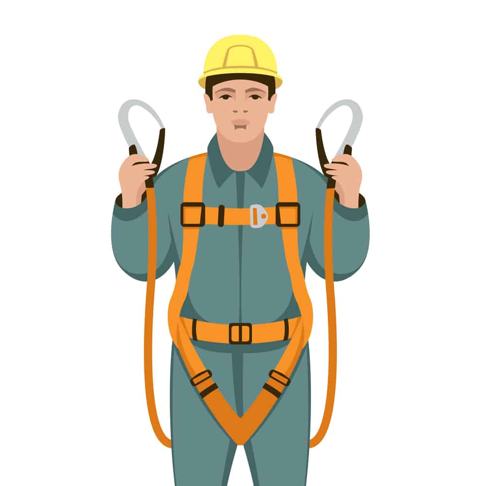 A man in a safety harness holding his safety hooks