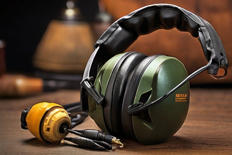 A pair of earmuffs on a wooden table.