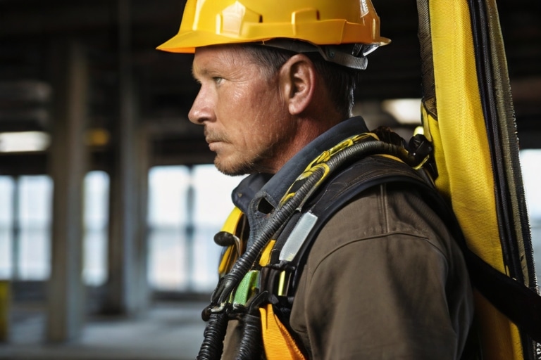 A construction worker wearing a yellow safety helmet and harness