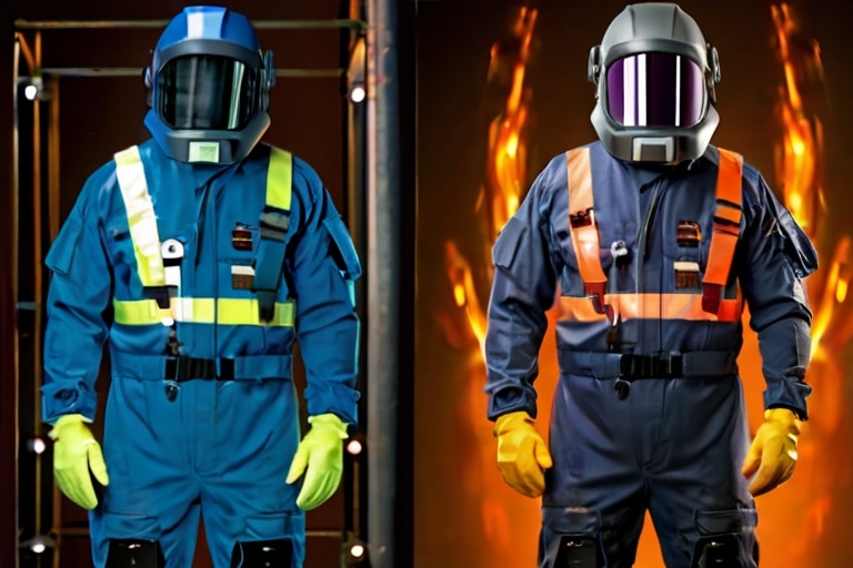 Two individuals are outfitted in arc flash safety suits standing against a backdrop with flames. The person on the left wears a bright blue suit with reflective yellow stripes, a dark visor helmet, and yellow gloves. The one on the right is in a navy blue suit with orange reflective stripes, a helmet with a reflective purple visor.