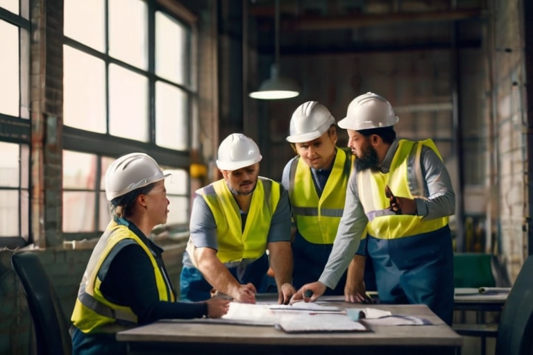 Four construction workers in hard hats and high-visibility vests are engaged in a discussion over blueprints on a table at a construction site. The focus and teamwork evident in their interactions reflect a collaborative effort in planning or problem-solving. The focus is on improving their accident and injury rates.