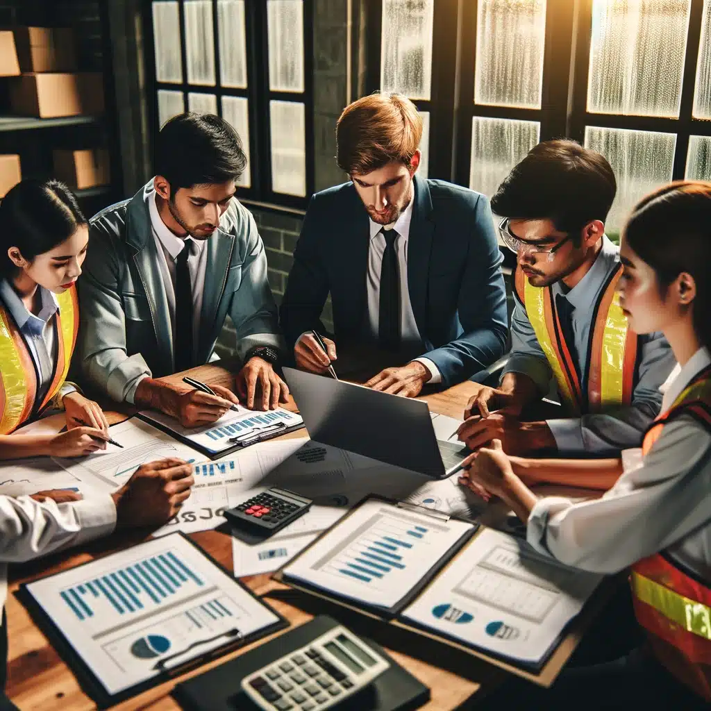 A professional team of safety experts in a well-lit office, with two members wearing high-visibility vests and the others in business suits, collaborating intently over charts and data on a wooden table. A laptop, calculators, and various documents with graphs and statistics are scattered across the table, highlighting their in-depth analysis of safety program metrics.