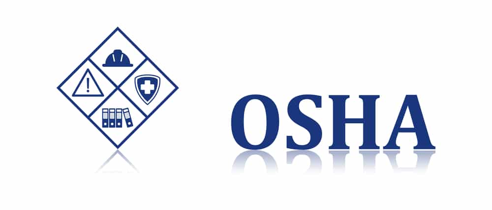 Logo of OSHA (Occupational Safety and Health Administration) featuring a blue square rotated 45 degrees with four icons: a helmet, an exclamation point inside a triangle signifying caution, a cross representing health, and a filing cabinet with documents. To the right, 'OSHA' written in bold, blue capital letters with a reflection effect below it on a white background.