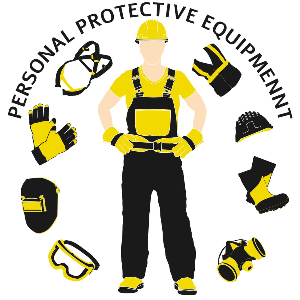 An illustration of a worker dressed in personal protective equipment (PPE), including a hard hat, safety goggles, high-visibility vest, gloves, work boots, and a respiratory mask, with the text 'PERSONAL PROTECTIVE EQUIPMENT' circling around them.