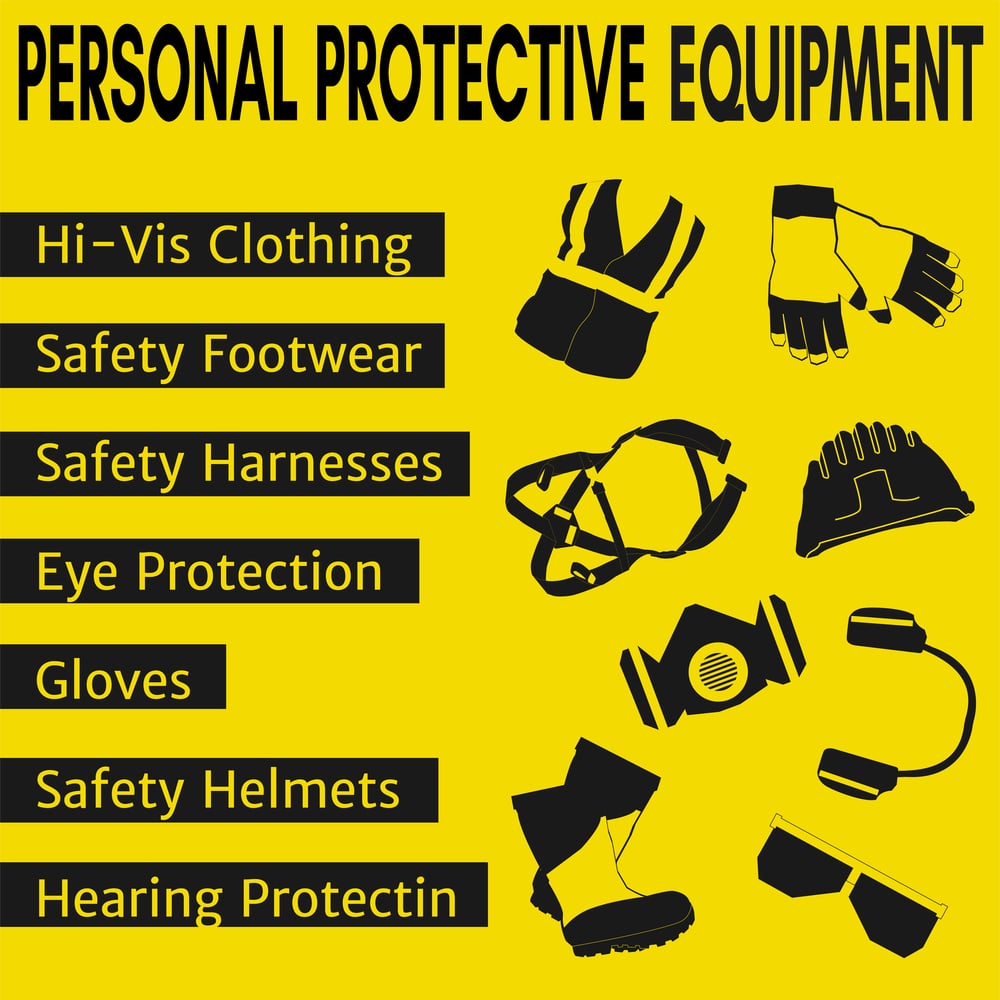 Graphic illustration featuring various types of personal protective equipment: Hi-Vis Clothing, Safety Footwear, Safety Harnesses, Eye Protection, Gloves, Safety Helmets, and Hearing Protection, arranged around the bold title 'PERSONAL PROTECTIVE EQUIPMENT' on a yellow background.