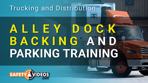 A promotional graphic for a training video titled "Alley Dock Backing and Parking Training." The image features an orange semi-truck parked in front of a warehouse, with the title text overlaid in bold yellow and white letters. The top of the graphic reads "Trucking and Distribution," and the bottom left corner displays the logo of "SafetyVideos.com.