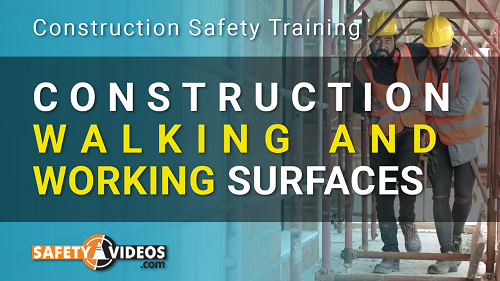 A promotional image for Construction Safety Training focused on 'Construction Walking and Working Surfaces.' The background shows two construction workers wearing safety vests and hard hats, walking through a scaffolding structure. The text is prominently displayed in white and yellow, with the 'SafetyVideos.com' logo at the bottom left corner.