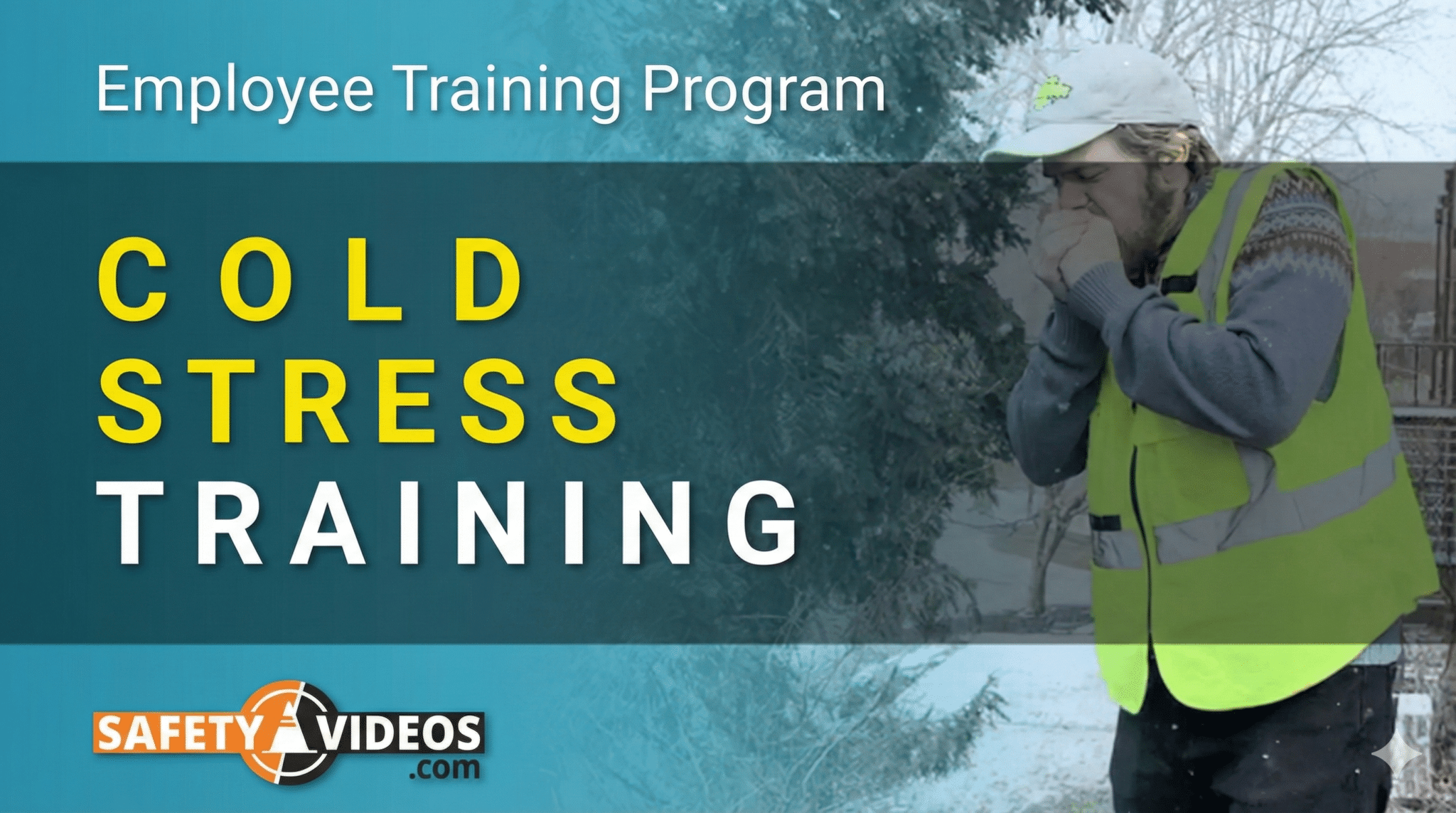 A title slide for a safety training video, featuring a man shivering in a high-visibility jacket and hat in a snowy, cold environment. The large text reads "COLD STRESS TRAINING" in yellow and white, with "Employee Training Program" above it. The "SAFETY VIDEOS.com" logo is in the bottom left.