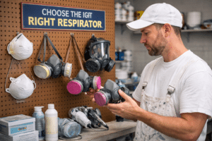 A worker in paint-stained overalls examines a half-face elastomeric respirator with pink cartridges in a workshop, with multiple respirator types — including N95s, half-face, and full-face models — displayed on a pegboard behind him beneath a sign reading 'Choose the Right Respirator.