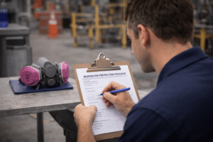 Safety professional completing a Respirator Protection Program documentation form on a clipboard, with a half-face respirator with pink cartridge filters resting on a table in an industrial facility background.