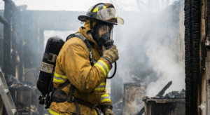 A firefighter in full yellow turnout gear and a helmet, wearing a full-face respirator mask connected to a black SCBA tank on their back, standing inside a smoke-filled, charred building.
