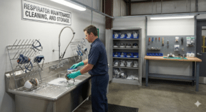 A worker wearing green gloves scrubs a respirator facepiece at a stainless steel utility sink in a dedicated respirator maintenance room, with cleaned respirators drying on a rack, an organized storage cabinet, and a maintenance workbench visible in the background beneath a sign reading 'Respirator Maintenance, Cleaning, and Storage.