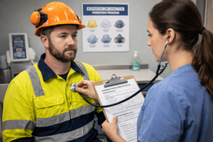 A healthcare professional in scrubs uses a stethoscope on a worker wearing a hard hat and high-visibility jacket while holding a Respiratory Protection Medical Evaluation form on a clipboard, with a respirator selection poster visible in the background.