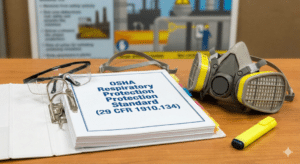 A three-ring binder open to a title page reading "OSHA Respiratory Protection Standard (29 CFR 1910.134)" sits on a wooden desk. To the right is a gray and yellow half-face air-purifying respirator with dual cartridge filters. Safety glasses and a yellow highlighter are also on the desk, with a workplace safety poster visible in the blurred background.