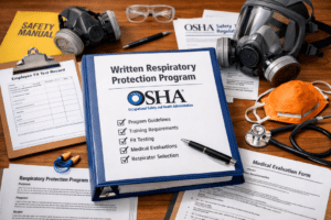 A blue binder labeled 'Written Respiratory Protection Program' with the OSHA logo and a checklist of program elements — Program Guidelines, Training Requirements, Fit Testing, Medical Evaluations, and Respirator Selection — surrounded by respirators, a safety manual, an employee fit test record, a medical evaluation form, and other compliance documents.