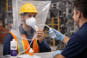 Safety technician administering a qualitative respirator fit test using a Bitrex solution and hood enclosure on a worker wearing an N95 respirator and orange high-visibility vest in an industrial workplace.