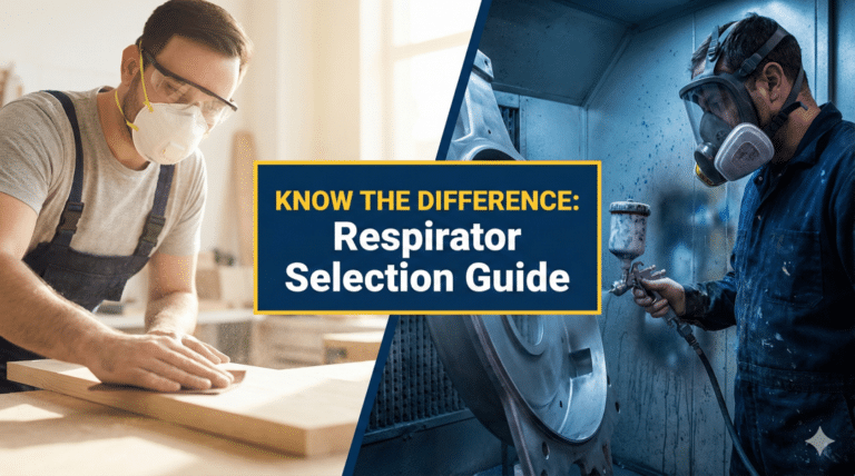 A split promotional graphic titled "Know the Difference: Respirator Selection Guide." On the left, a woodworker wearing an N95 filtering facepiece respirator and safety glasses sands a wood surface. On the right, a worker in a paint spray booth wears a full-face elastomeric respirator while operating a spray gun.