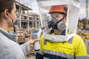 A safety professional conducts a qualitative respirator fit test on a construction worker wearing a half-face elastomeric respirator and orange hard hat. The worker's head is enclosed in a clear plastic test hood while the tester directs a fit test agent from a handheld nebulizer, with an active construction site visible in the background.