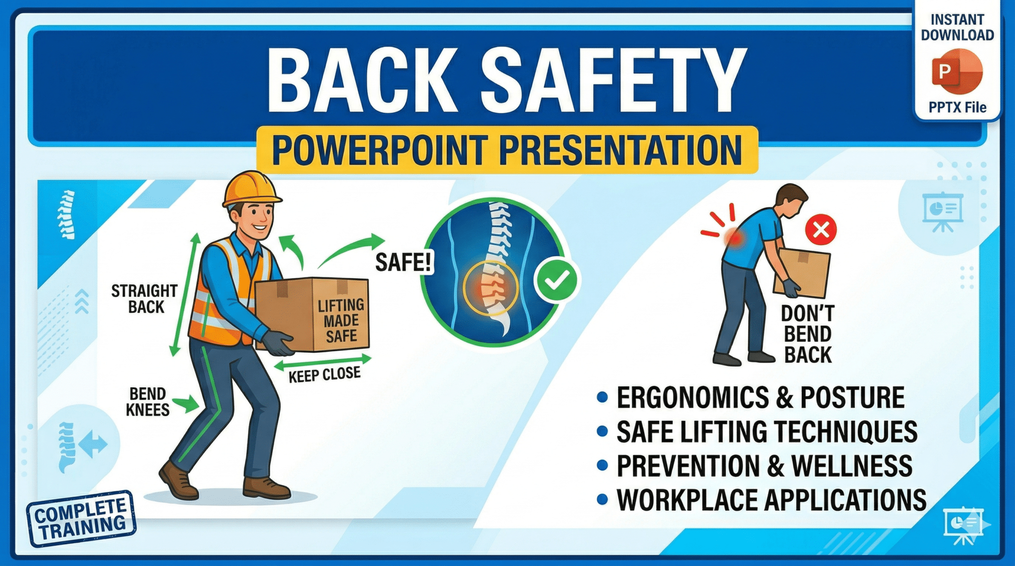 Thumbnail for Back Safety PowerPoint presentation showing a worker demonstrating safe lifting techniques including straight back, bent knees, and keeping the load close. Topics include ergonomics and posture, safe lifting techniques, prevention and wellness, and workplace applications.