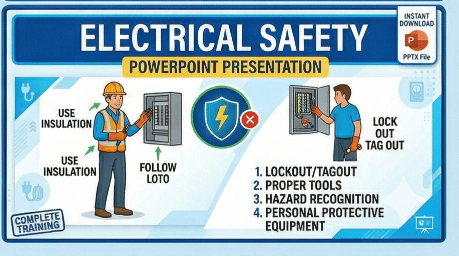 Thumbnail for Electrical Safety PowerPoint presentation featuring illustrated workers and an electrical panel. Topics include lockout/tagout, proper tools, hazard recognition, and personal protective equipment.