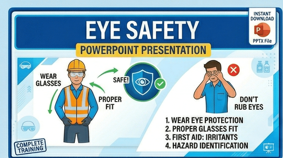 Thumbnail for Eye Safety PowerPoint presentation showing a worker wearing safety glasses with proper fit. Topics include eye protection, proper glasses fit, first aid for irritants, and hazard identification.