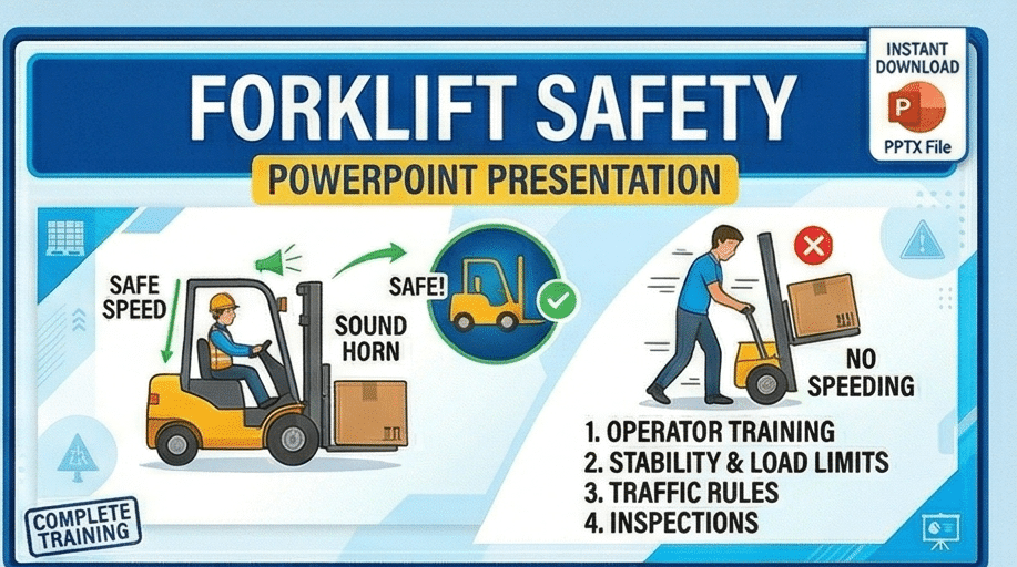 Thumbnail for Forklift Safety PowerPoint presentation showing a forklift operator with safe speed and horn use highlighted. Topics include operator training, stability and load limits, traffic rules, and inspections.
