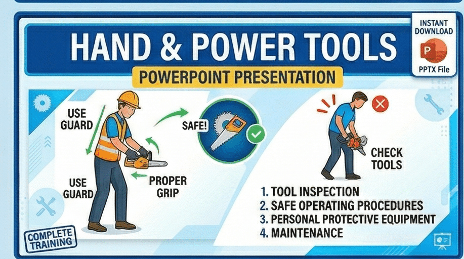 Thumbnail for Hand and Power Tools PowerPoint presentation depicting a worker using a chainsaw with guards and proper grip. Topics include tool inspection, safe operating procedures, personal protective equipment, and maintenance.