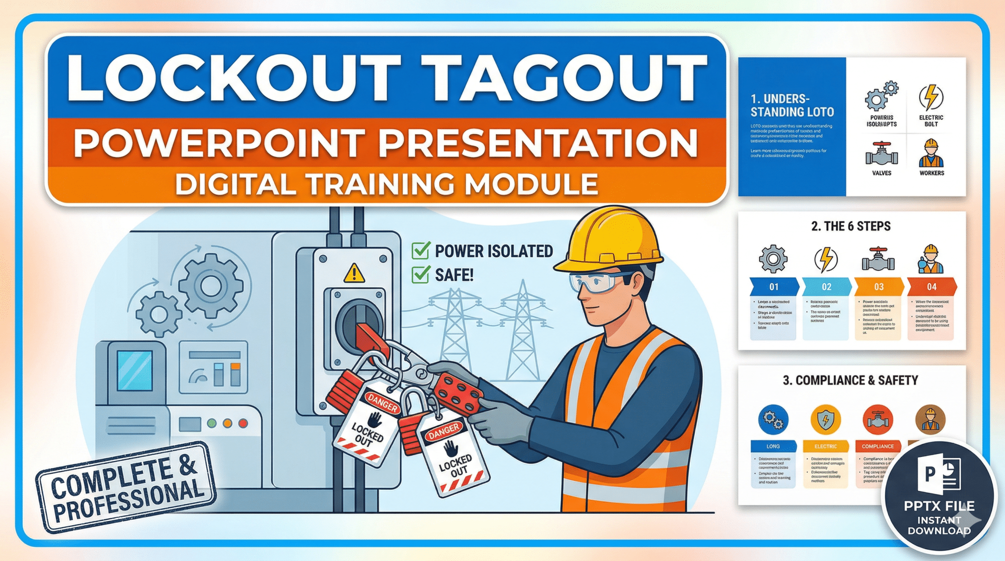 Thumbnail for Lockout Tagout PowerPoint presentation featuring a worker applying lockout/tagout locks to an electrical panel. Topics include understanding LOTO, the 6 steps, and compliance and safety.